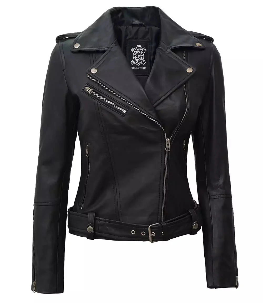 Womens Black Asymmetrical Biker Leather Jacket - Rare Leather