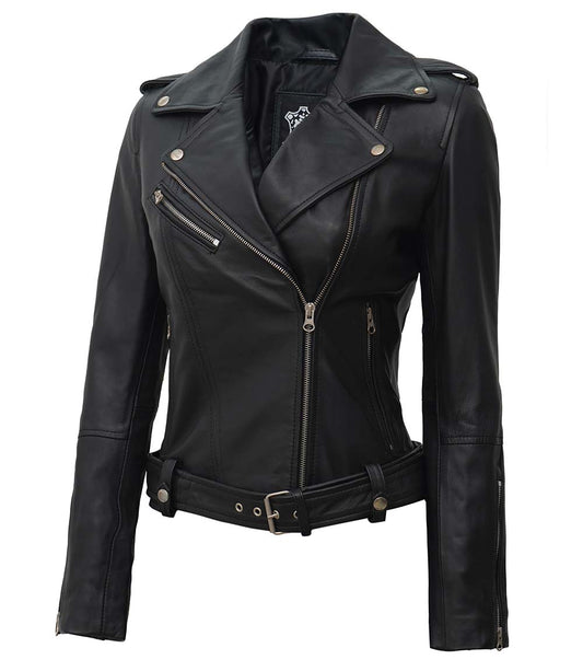 Womens Black Asymmetrical Biker Leather Jacket - Vox Leather