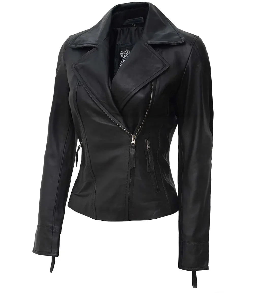 Women's Black Asymmetrical Biker Style Leather Jacket - Rare Leather