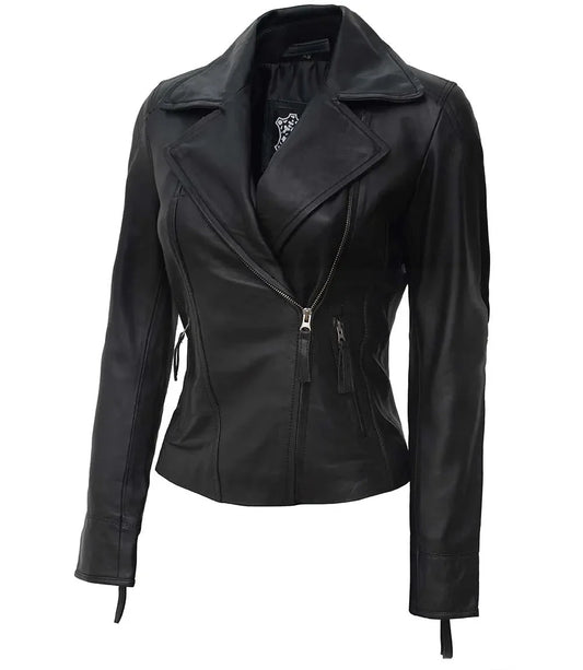 Women's Black Asymmetrical Biker Style Leather Jacket - Rare Leather