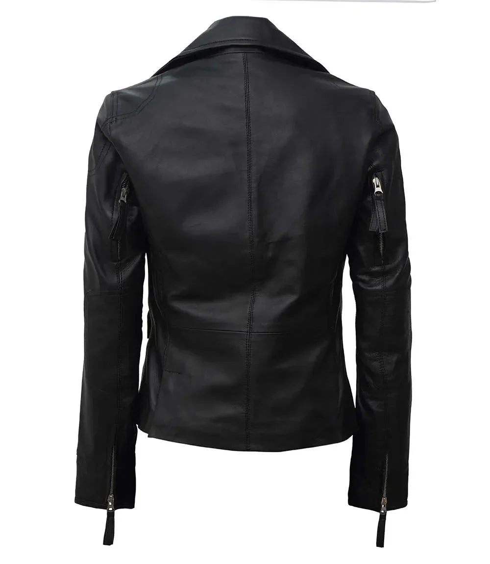 Women's Black Asymmetrical Biker Style Leather Jacket - Rare Leather
