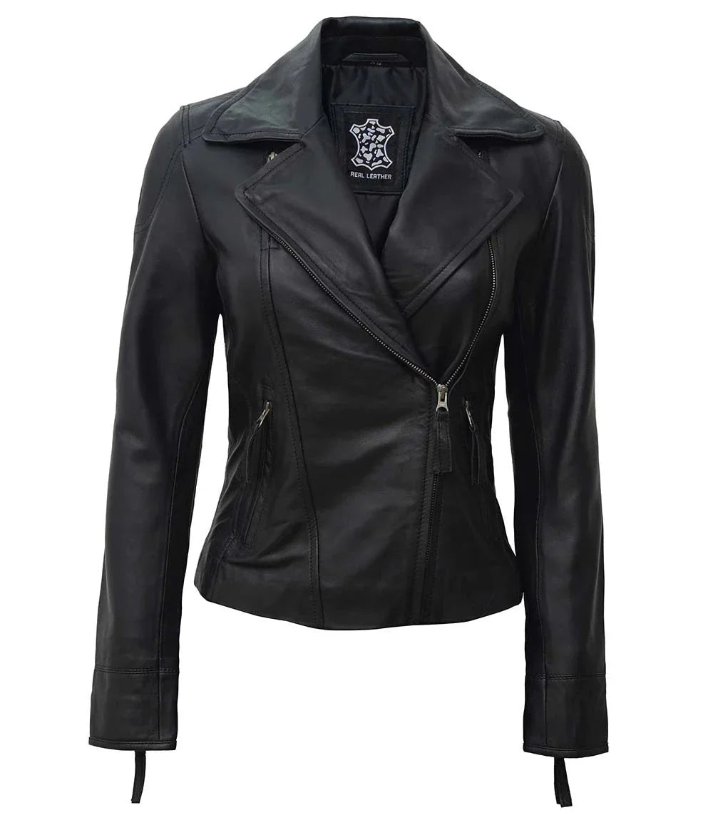 Women's Black Asymmetrical Biker Style Leather Jacket - Rare Leather