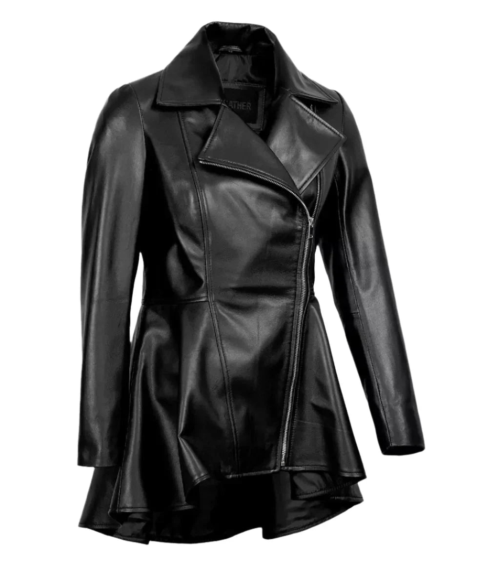 Womens Black Asymmetrical Peplum Leather Jacket - Rare Leather