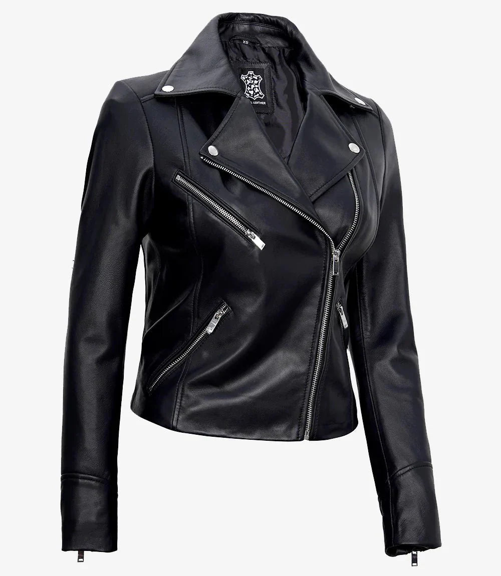 Women's Black Asymmetrical Real Leather Motorcycle Jacket - Vox Leather