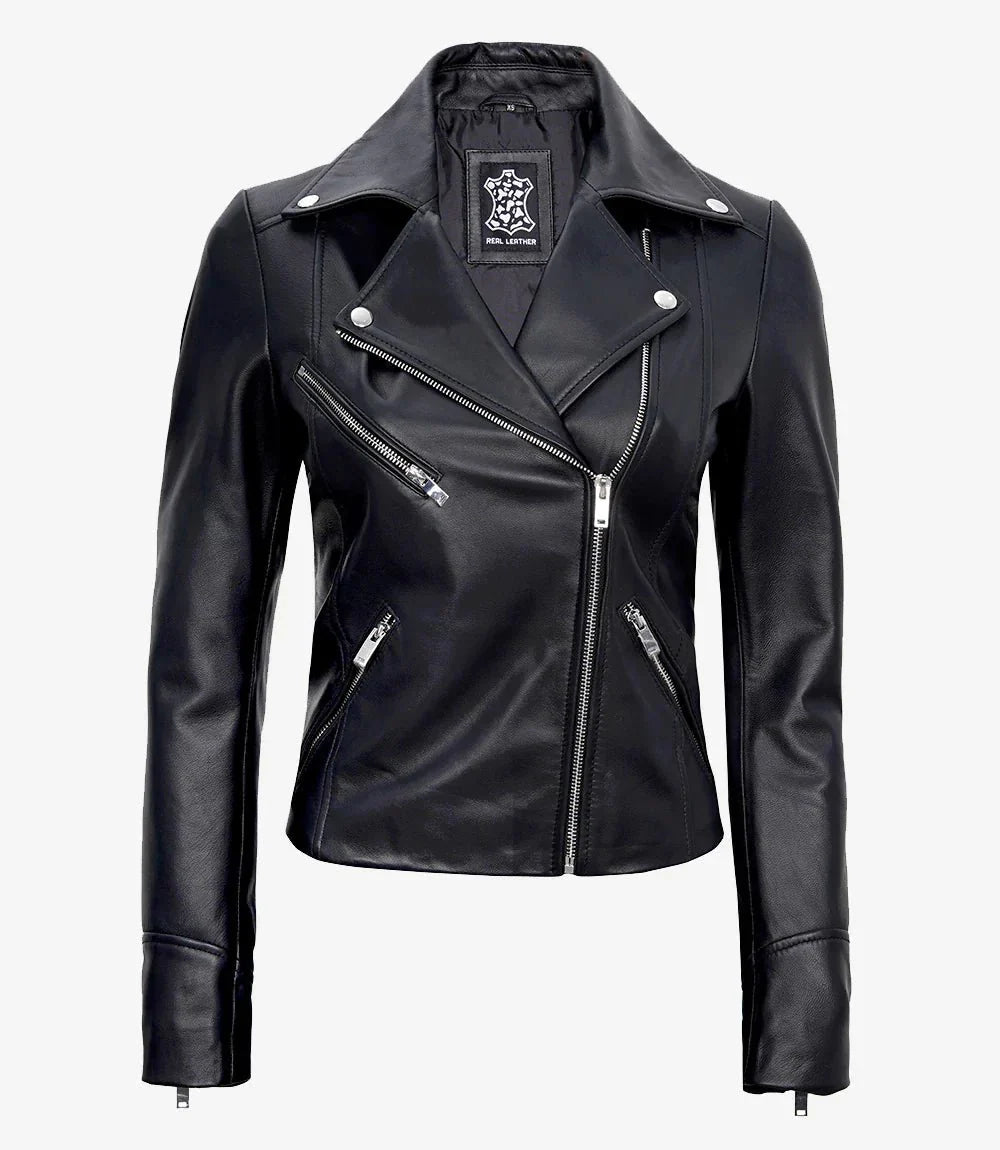 Women's Black Asymmetrical Real Leather Motorcycle Jacket - Vox Leather