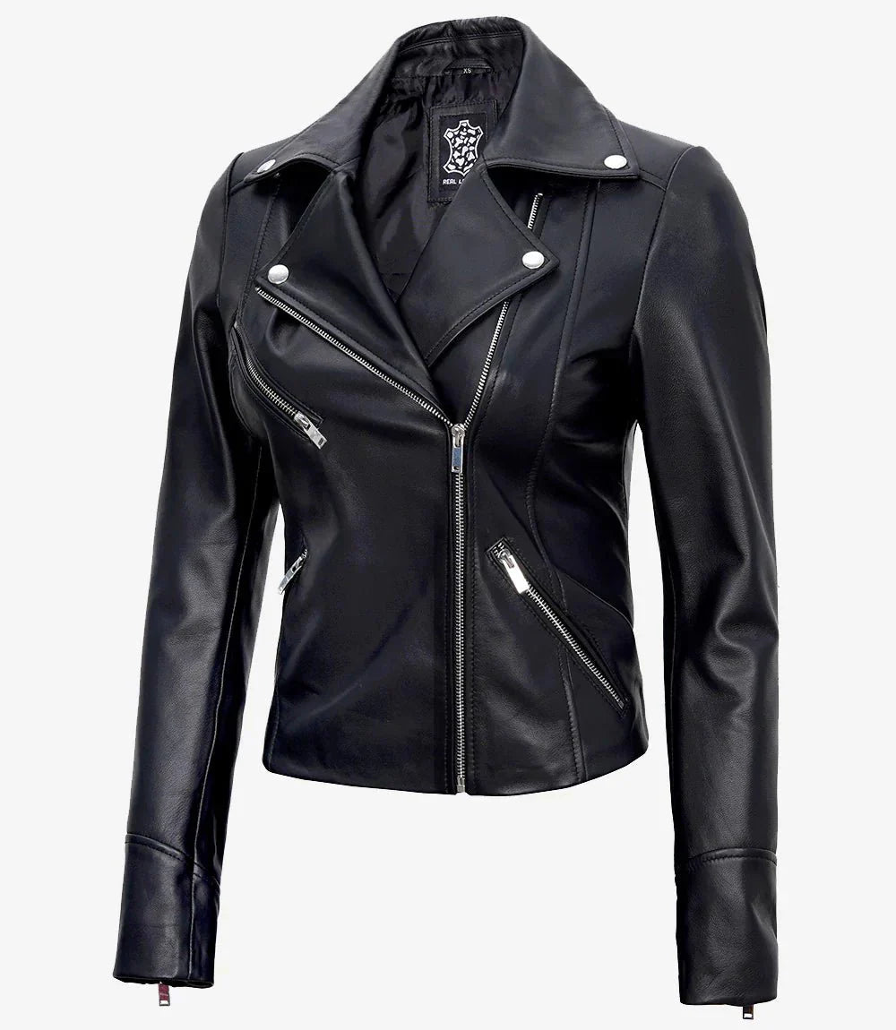 Women's Black Asymmetrical Real Leather Motorcycle Jacket - Vox Leather