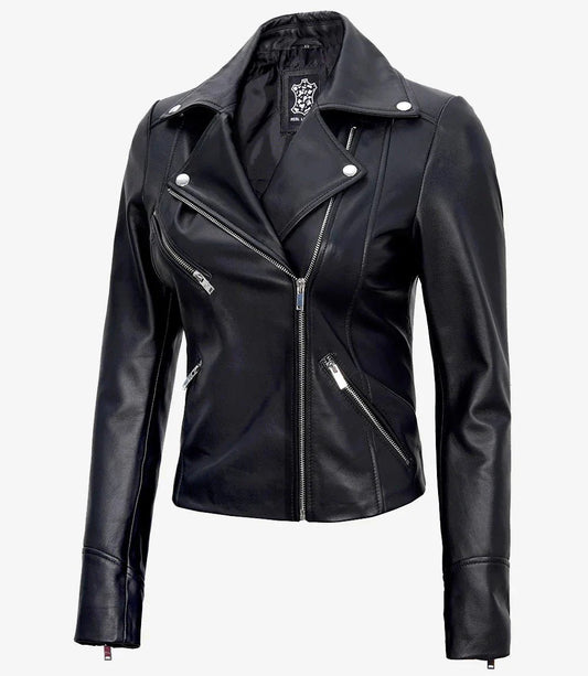 Women's Black Asymmetrical Real Leather Motorcycle Jacket - Vox Leather