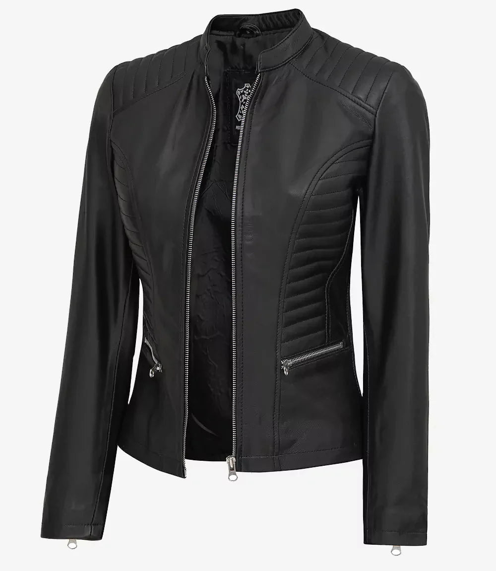 Women's Black Cafe Racer Leather Jacket - Rare Leather