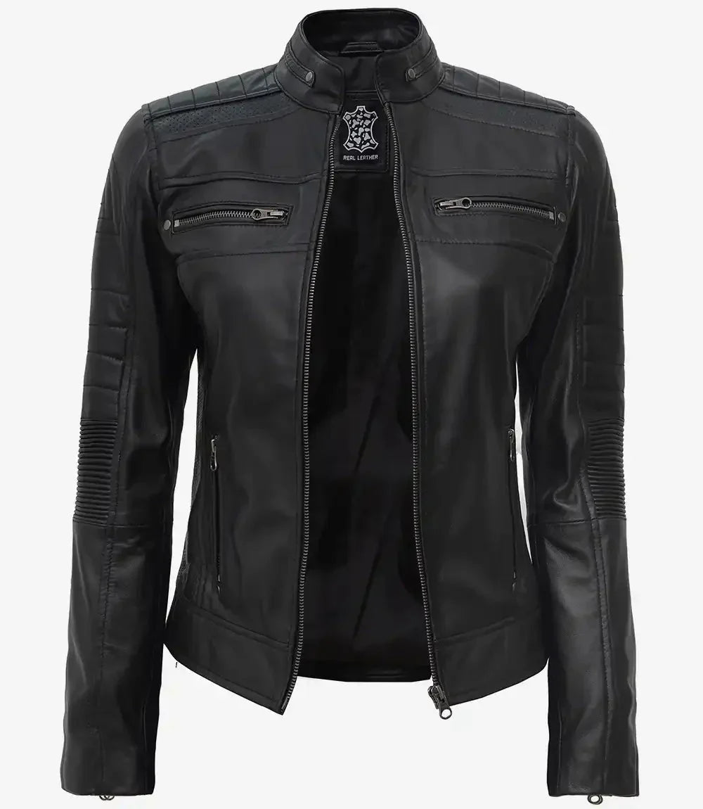 Women's Black Cafe Racer Leather Jacket - Vox Leather