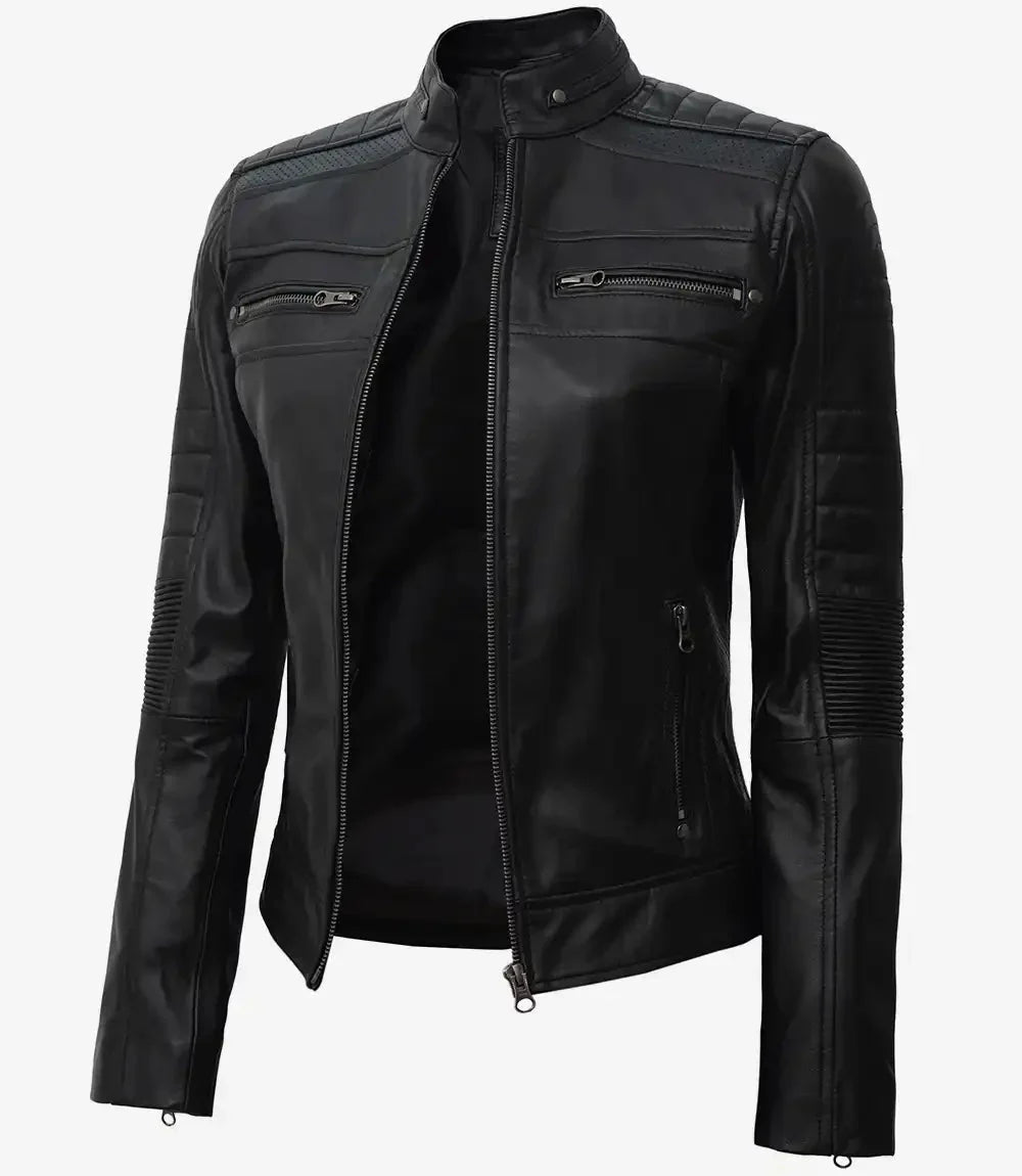 Women's Black Cafe Racer Leather Jacket - Vox Leather