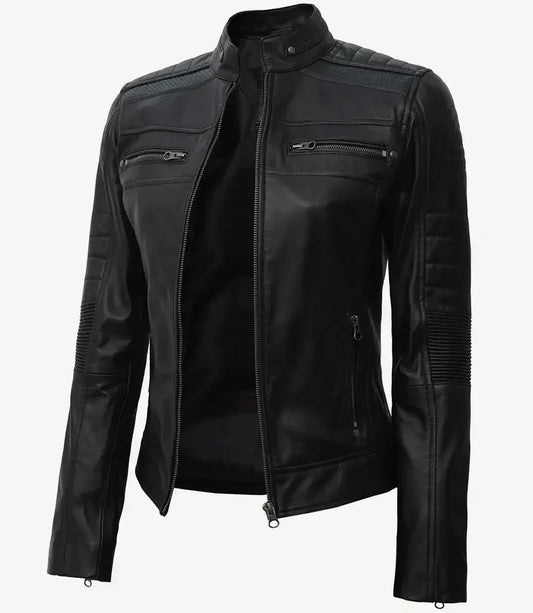 Women's Black Cafe Racer Leather Jacket - Vox Leather