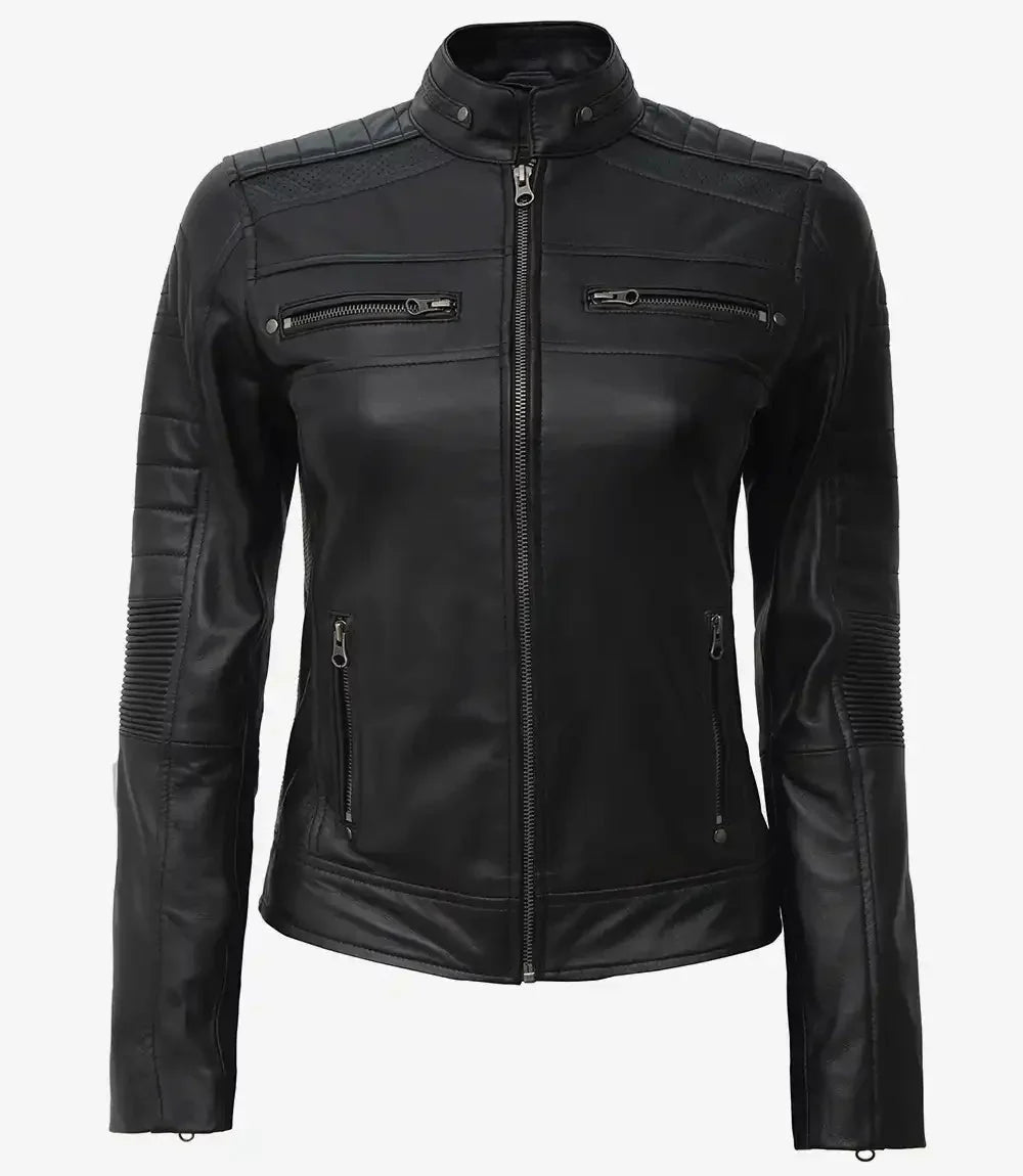 Women's Black Cafe Racer Leather Jacket - Vox Leather