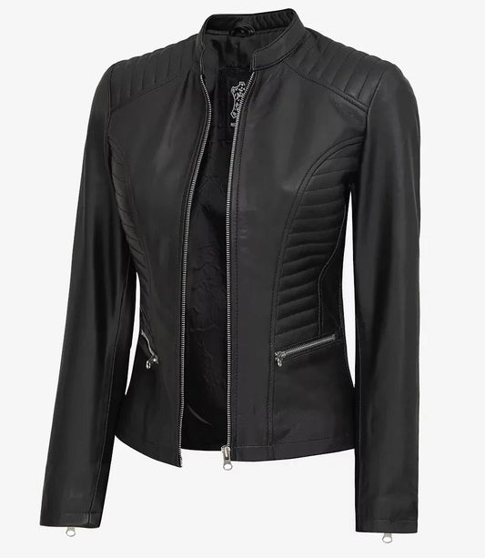 Women's Black Cafe Racer Leather Jacket - Vox Leather