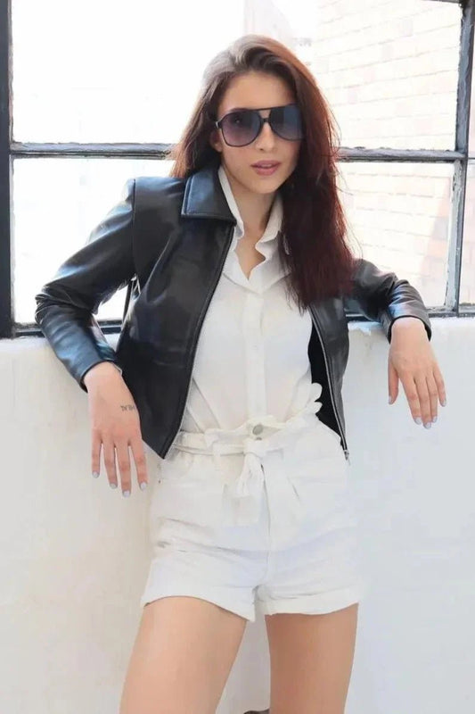 Women’s Black Cropped Leather Jacket - Vox Leather
