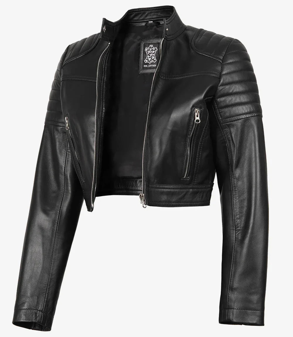 Women's Black Cropped Leather Moto Jacket - Rare Leather