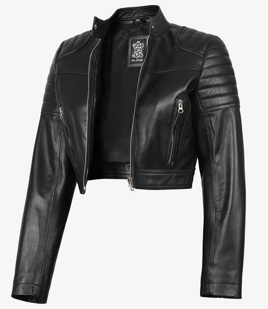 Women's Black Cropped Leather Moto Jacket - Rare Leather