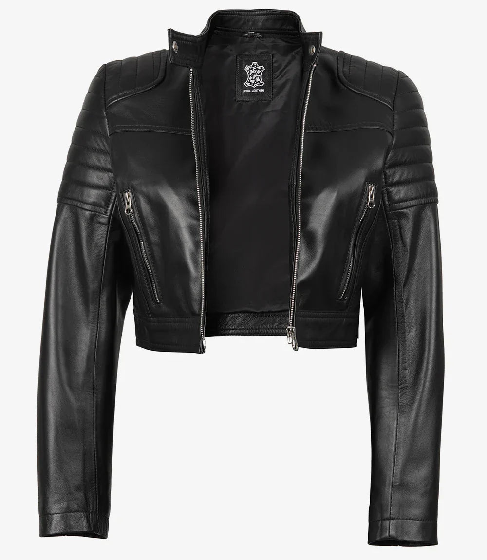 Women's Black Cropped Leather Moto Jacket - Rare Leather