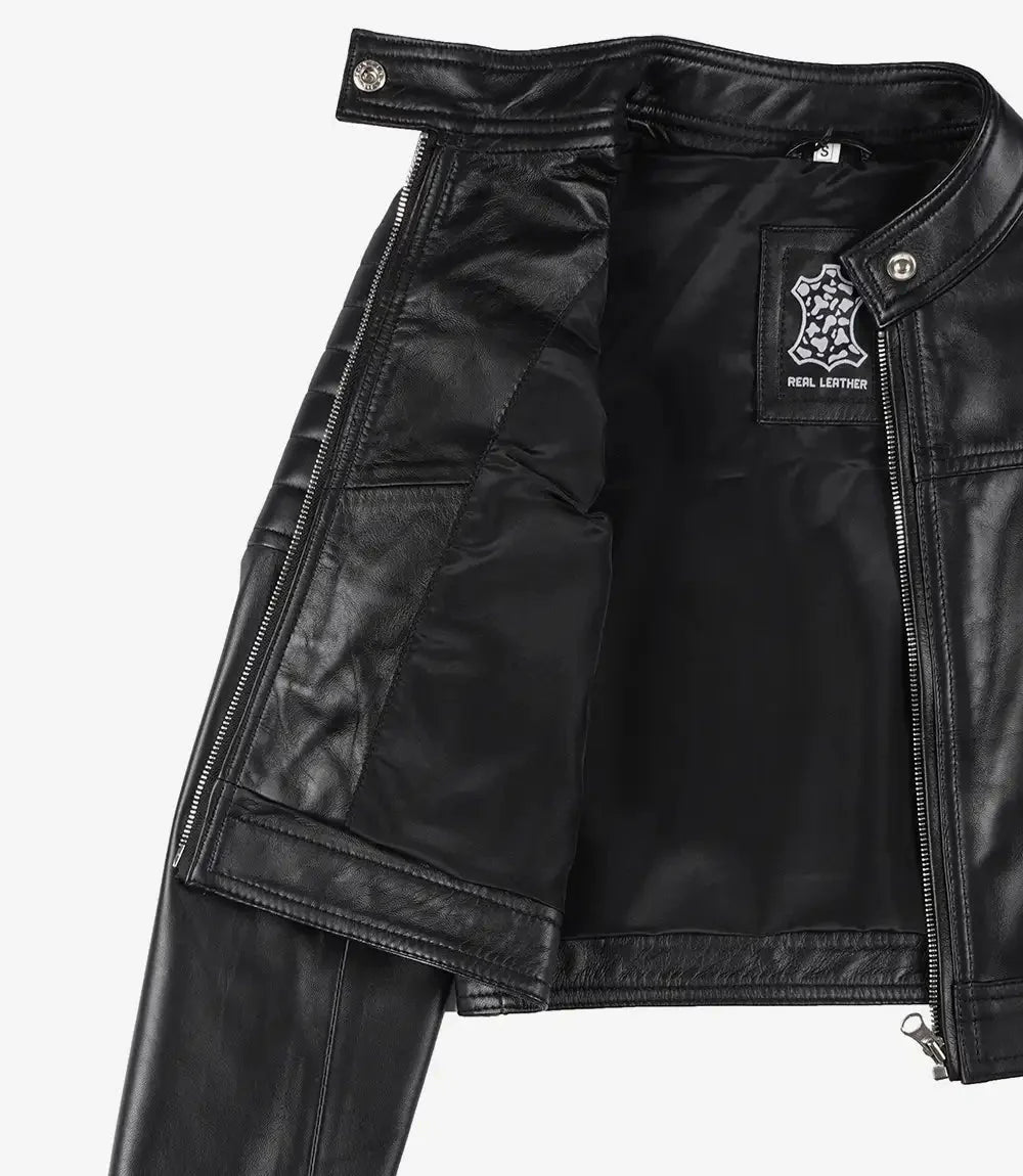 Women's Black Cropped Leather Moto Jacket - Rare Leather