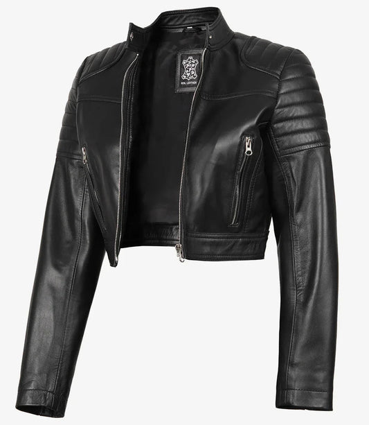 Women's Black Cropped Leather Moto Jacket - Vox Leather