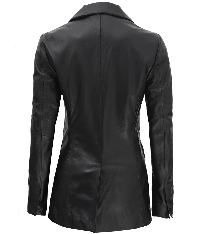 Women's Black Double Breasted Leather Blazer - Vox Leather