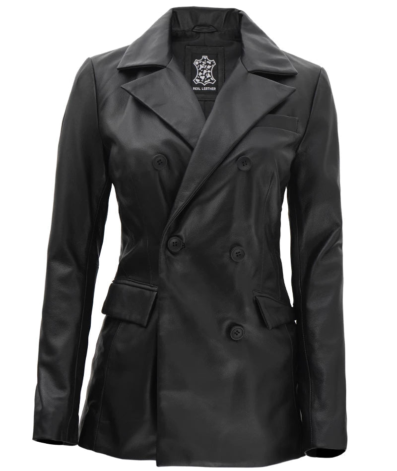 Women's Black Double Breasted Leather Blazer - Vox Leather