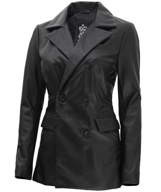 Women's Black Double Breasted Leather Blazer - Vox Leather