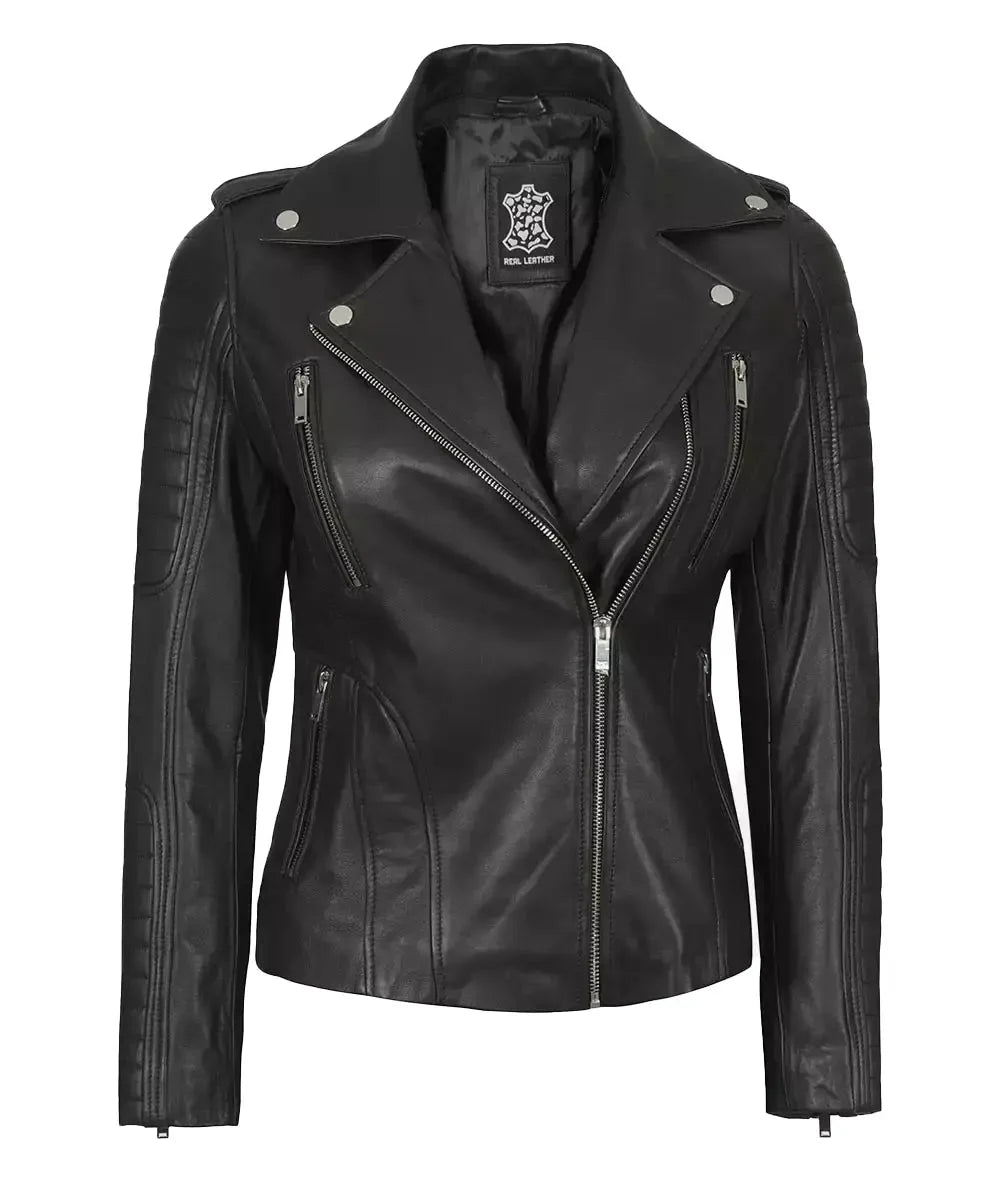Womens Black Leather Biker Jacket With Removable Hood - Rare Leather