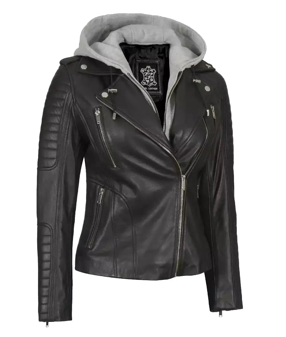 Womens Black Leather Biker Jacket With Removable Hood - Rare Leather