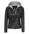 Womens Black Leather Biker Jacket With Removable Hood - Rare Leather