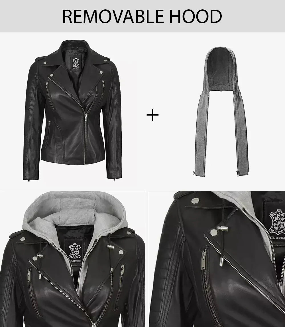 Womens Black Leather Biker Jacket With Removable Hood - Rare Leather
