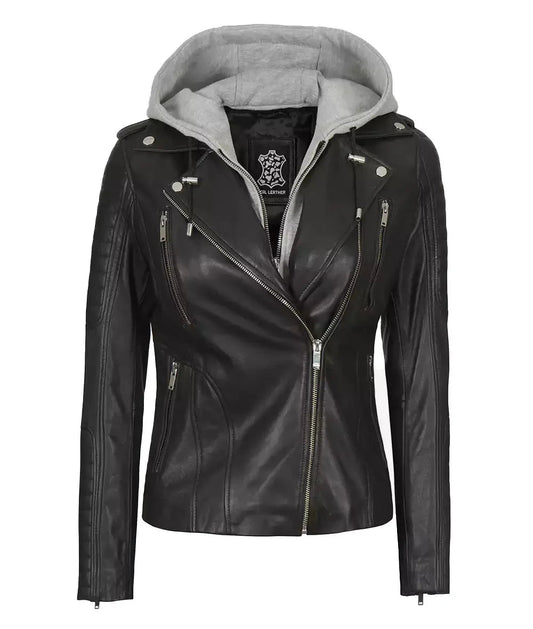 Womens Black Leather Biker Jacket With Removable Hood - Vox Leather