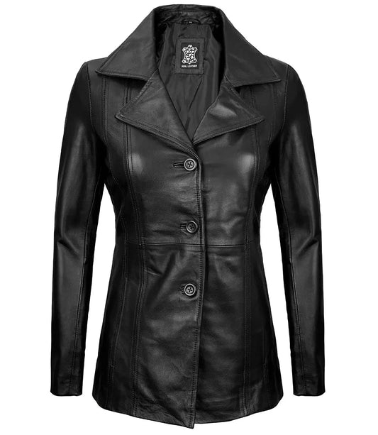 Womens Black Leather Blazer with Three Button - Vox Leather