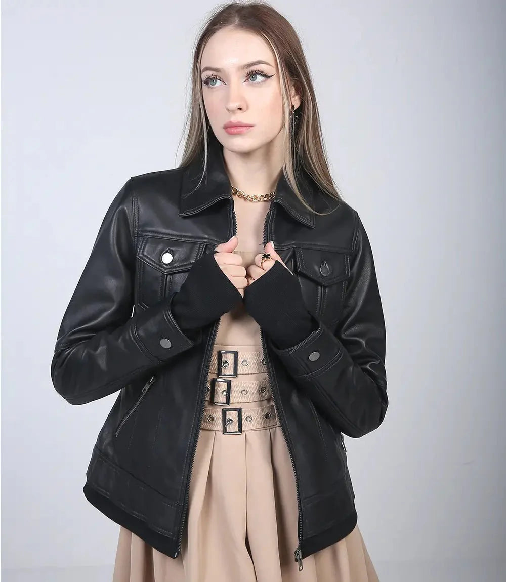 Womens Black Leather Bomber Jacket with Removable Hood - Rare Leather