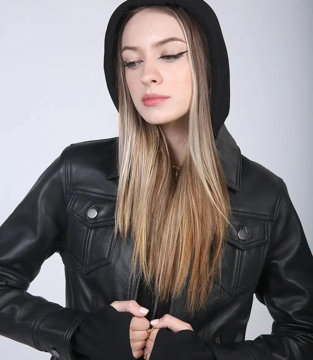 Womens Black Leather Bomber Jacket with Removable Hood - Rare Leather