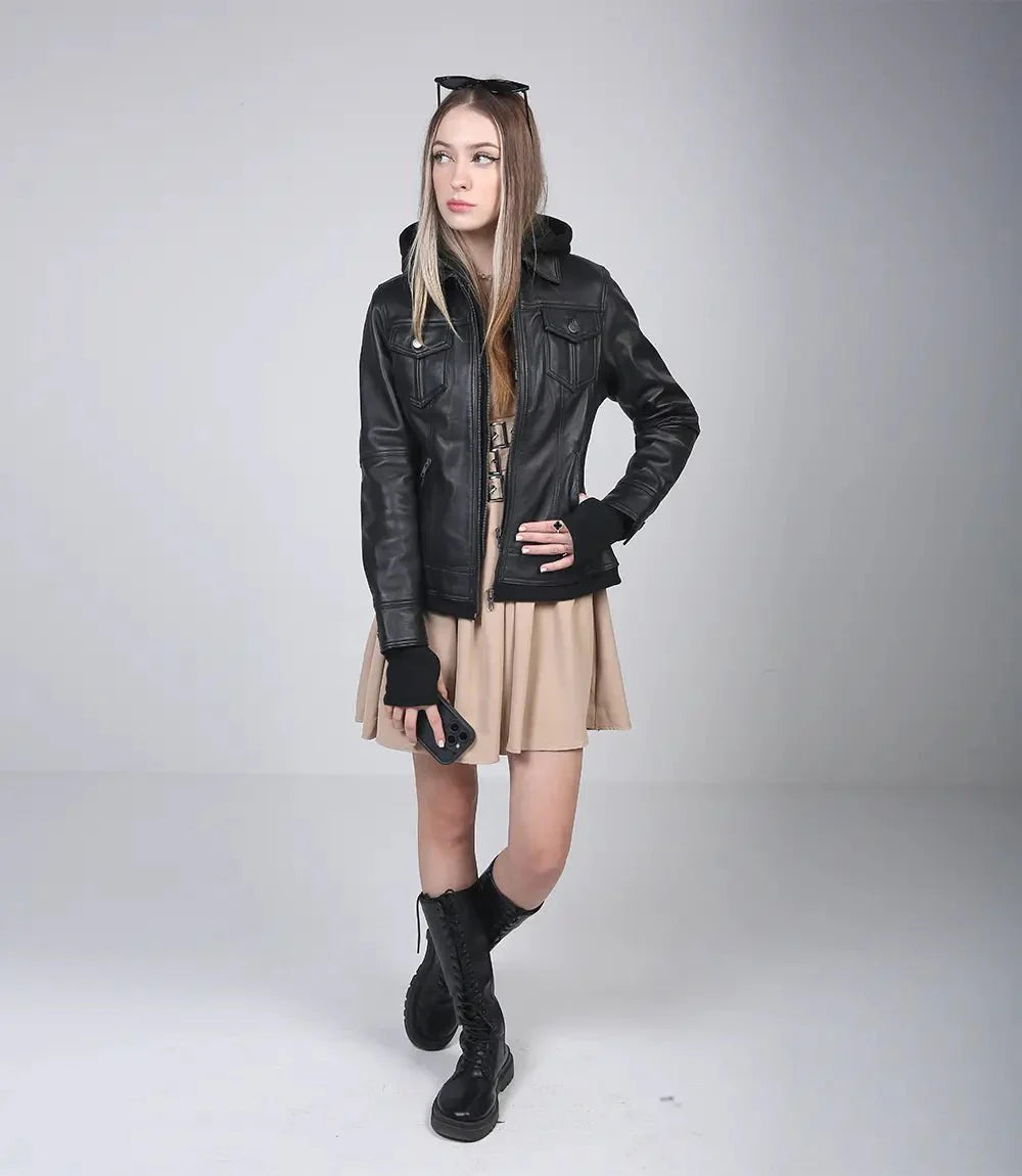 Womens Black Leather Bomber Jacket with Removable Hood - Rare Leather