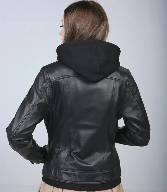Womens Black Leather Bomber Jacket with Removable Hood - Vox Leather
