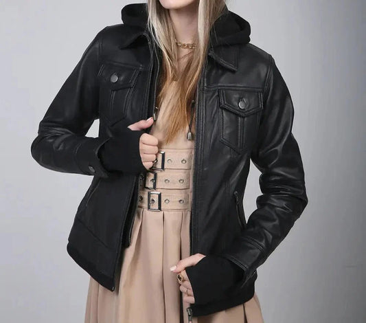 Womens Black Leather Bomber Jacket with Removable Hood - Vox Leather