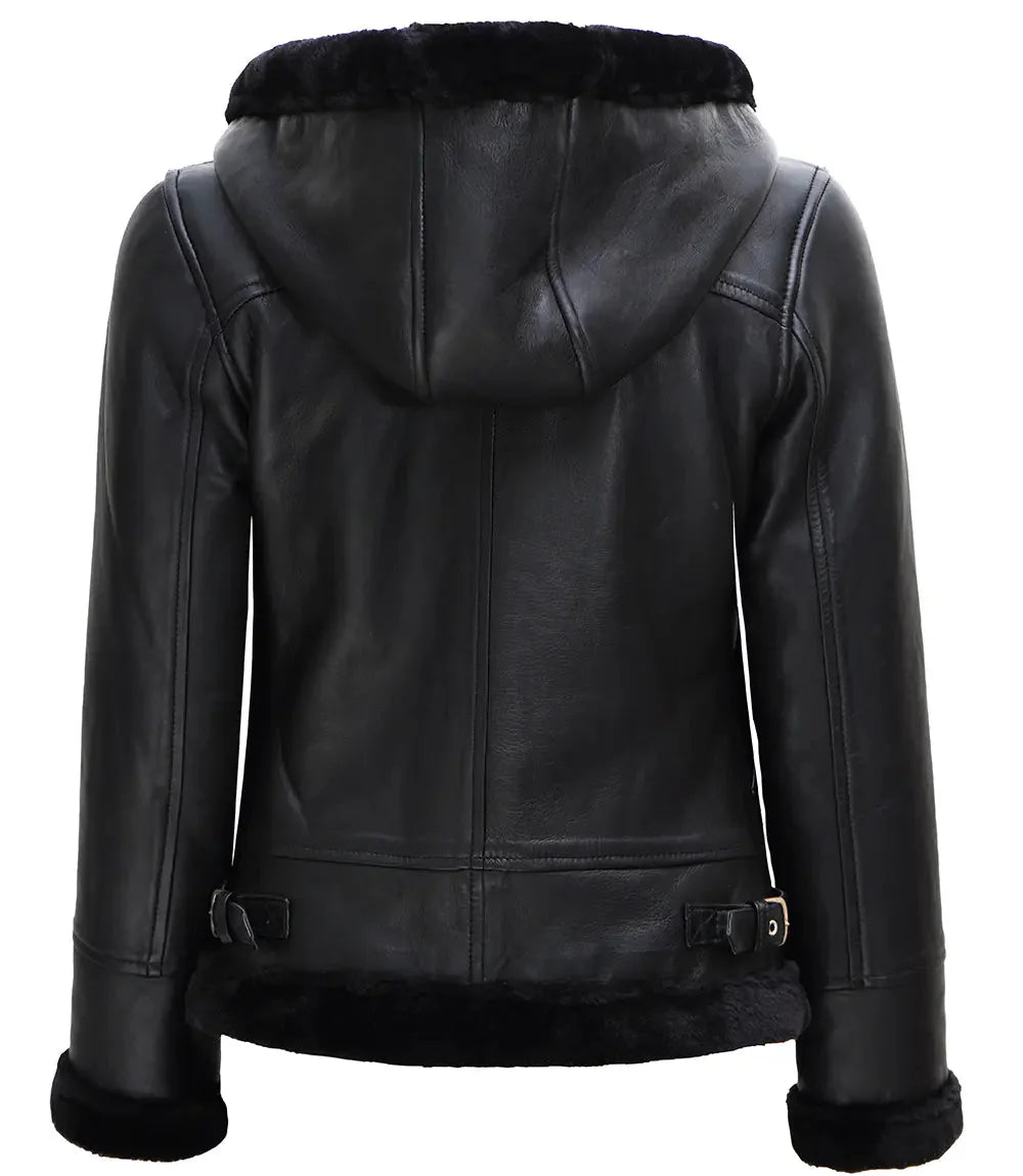 Womens Black Leather Hooded Shearling Jacket - Rare Leather