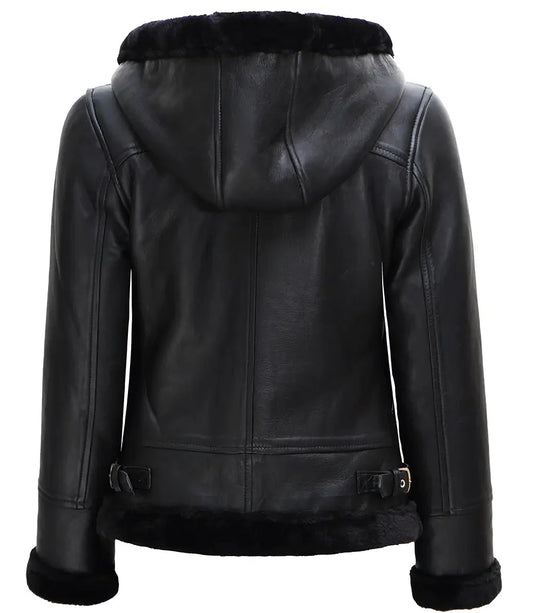 Womens Black Leather Hooded Shearling Jacket - Rare Leather