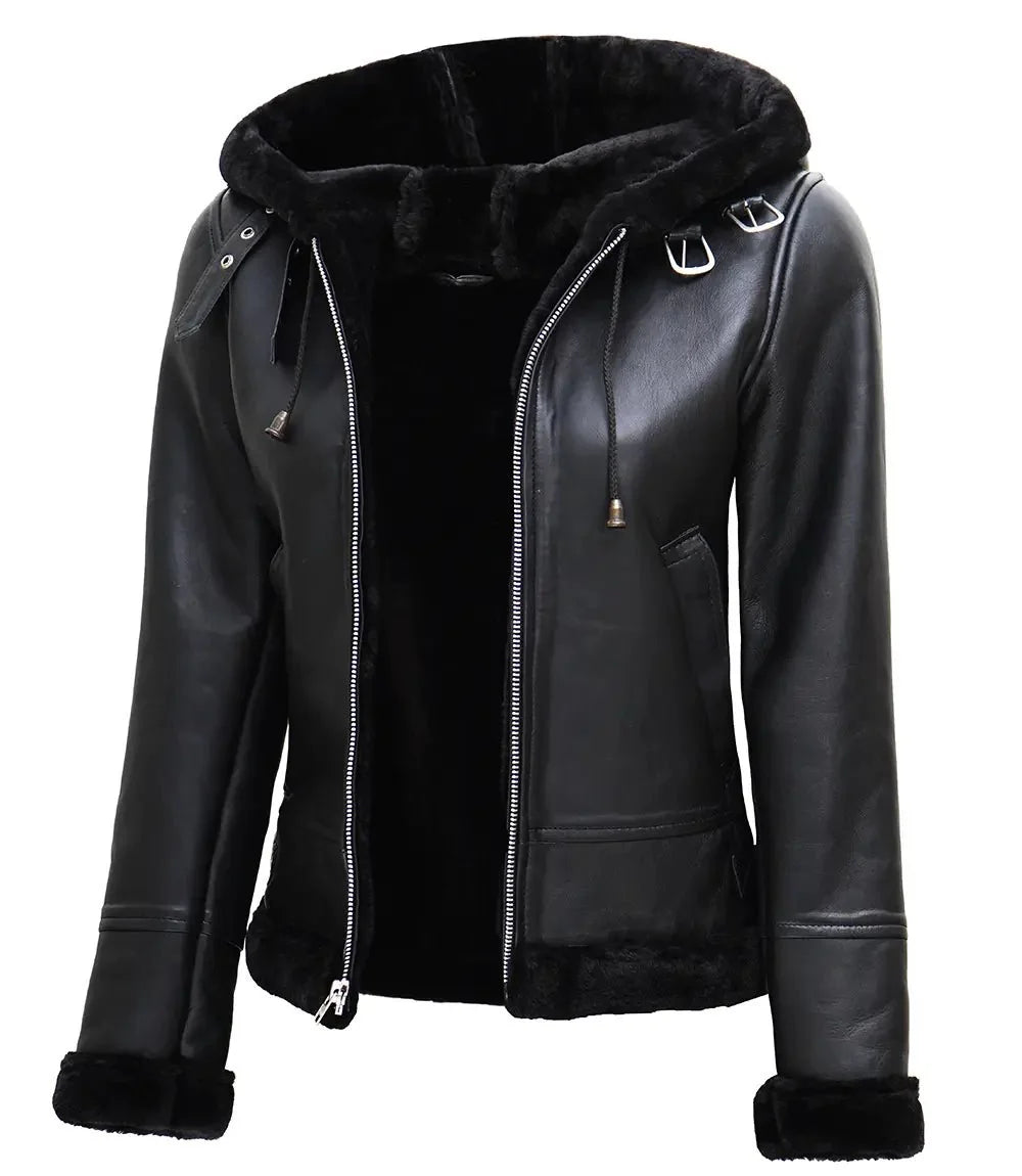 Womens Black Leather Hooded Shearling Jacket - Rare Leather