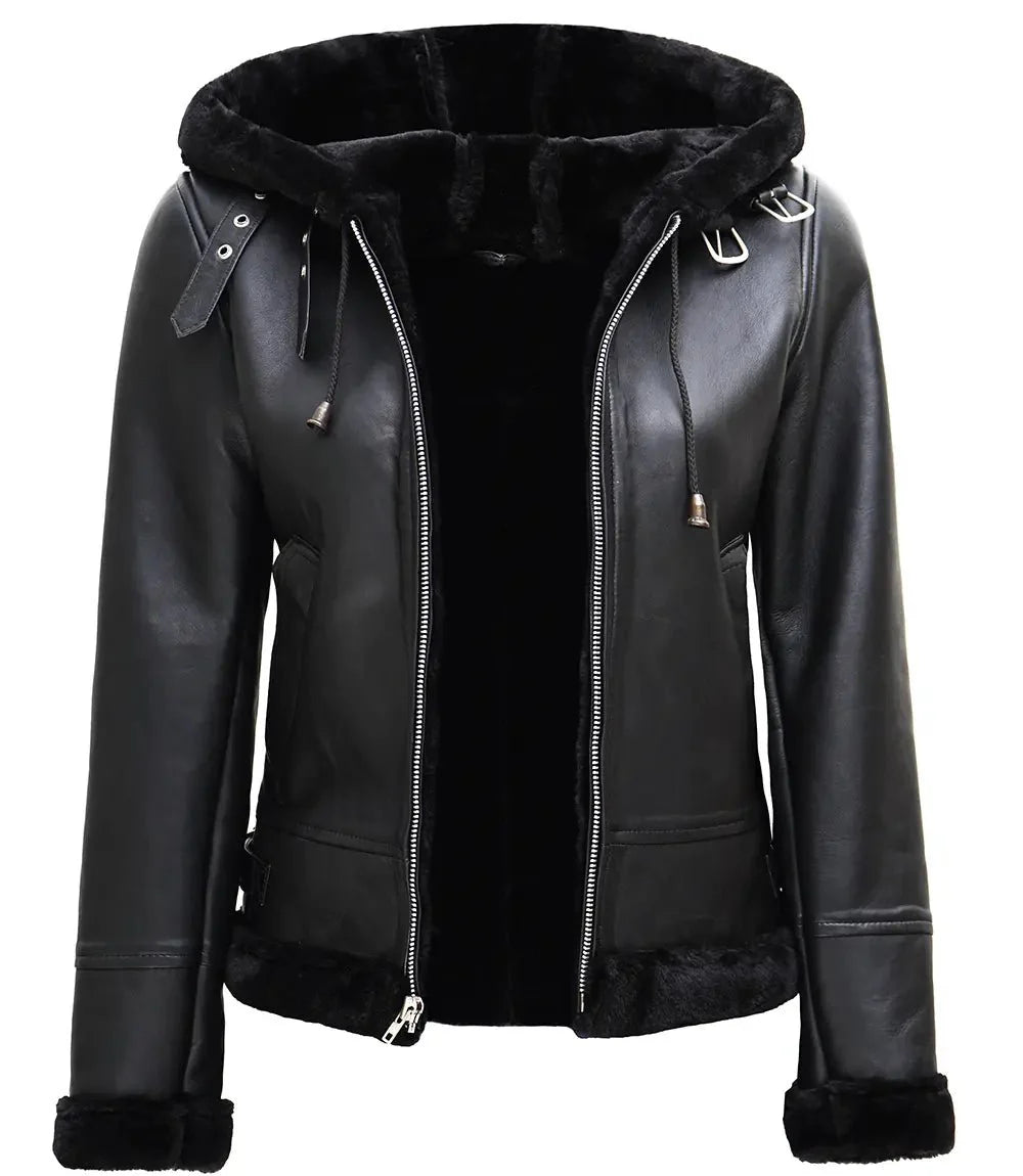 Womens Black Leather Hooded Shearling Jacket - Rare Leather