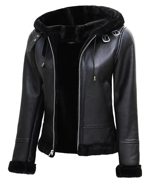 Womens Black Leather Hooded Shearling Jacket - Vox Leather