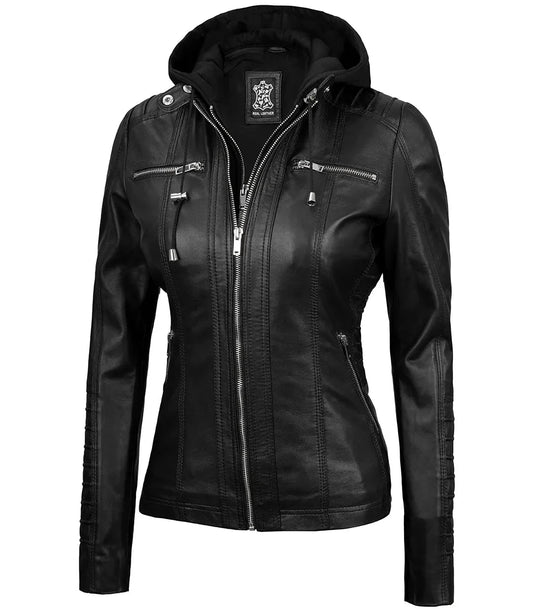 Women's Black Leather Jacket With Removable Hood - Rare Leather