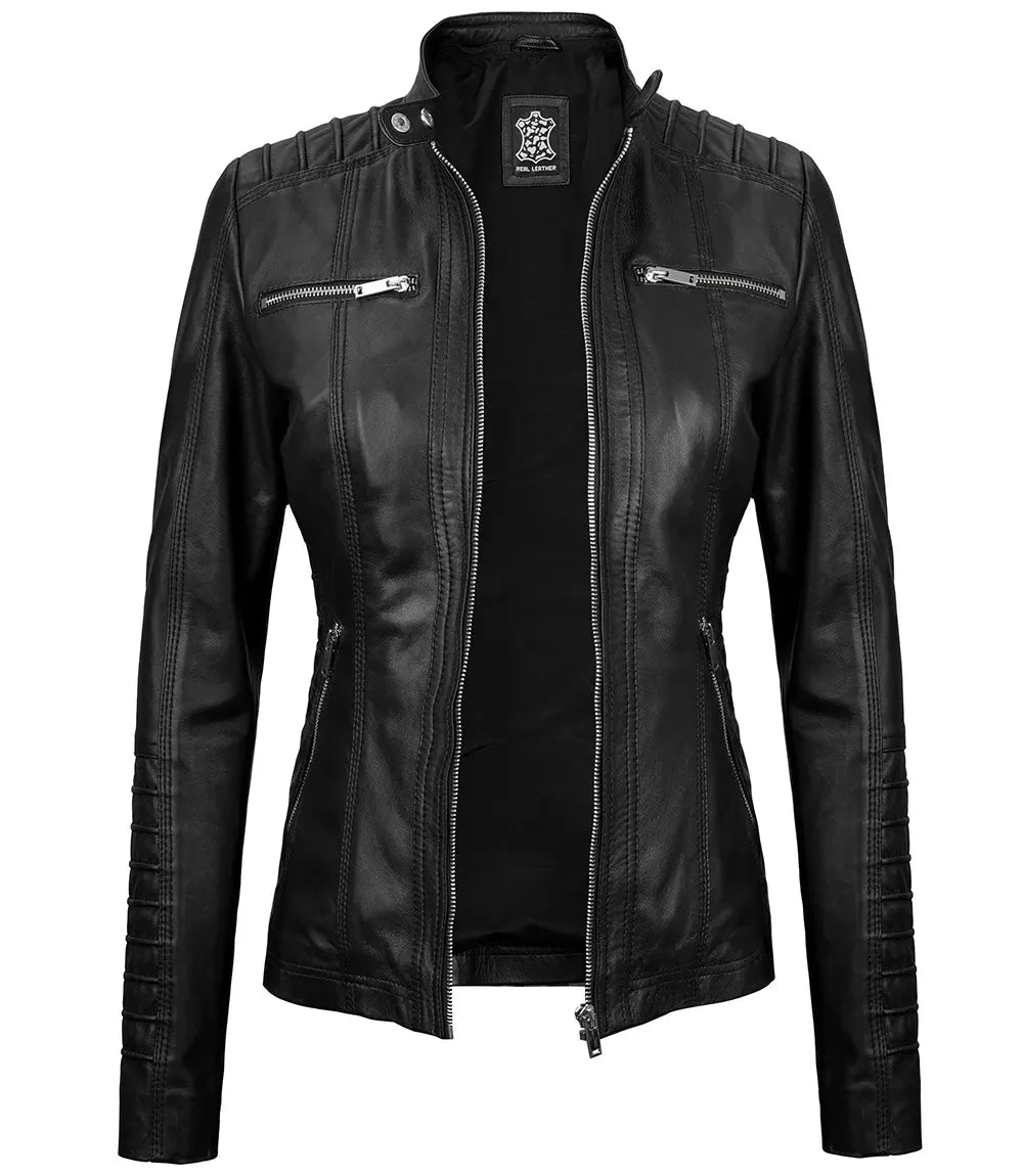 Women's Black Leather Jacket With Removable Hood - Rare Leather