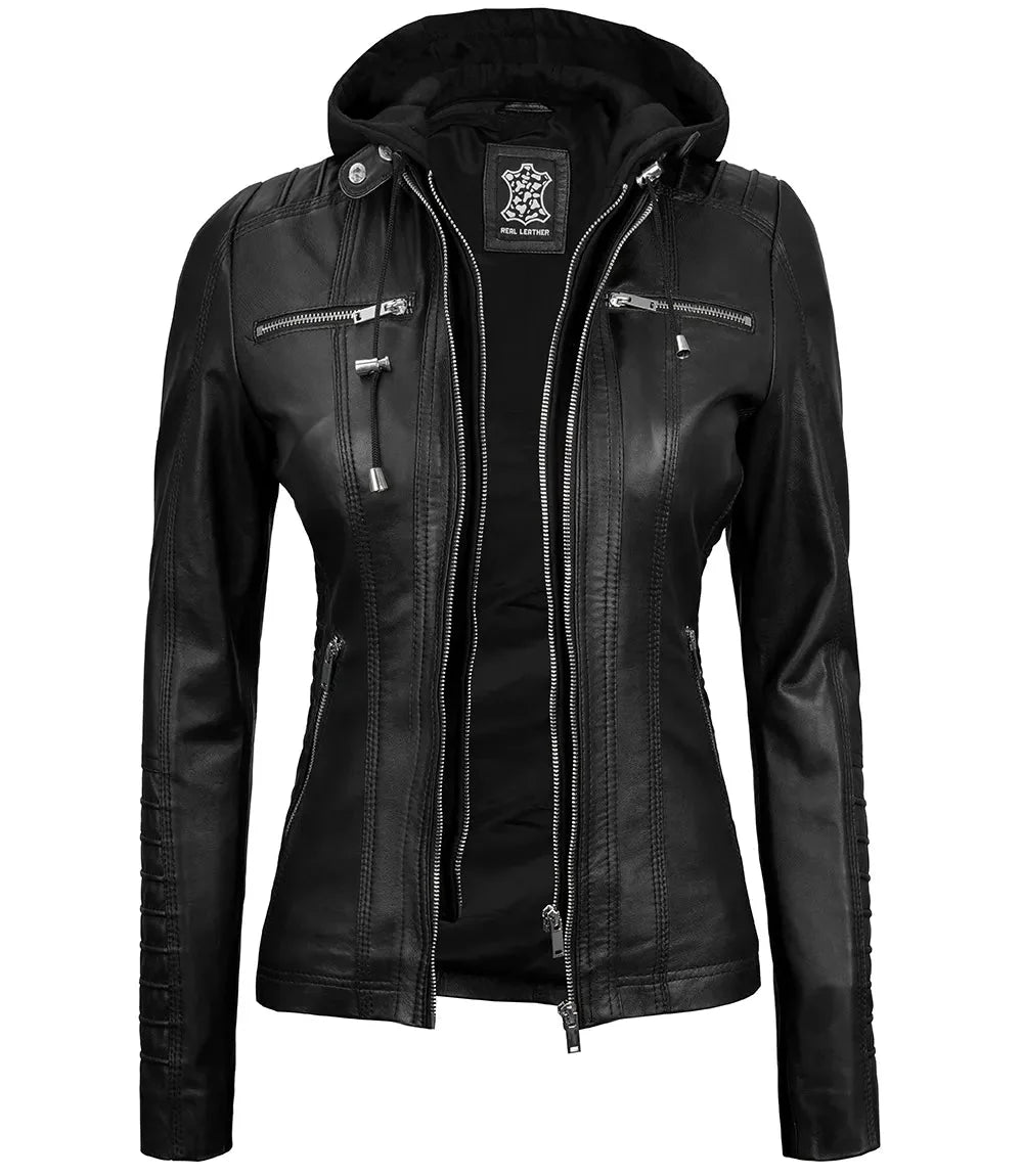 Women's Black Leather Jacket With Removable Hood - Rare Leather