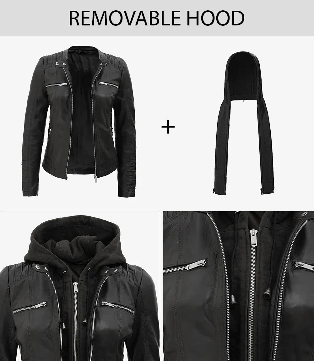 Women's Black Leather Jacket With Removable Hood - Rare Leather