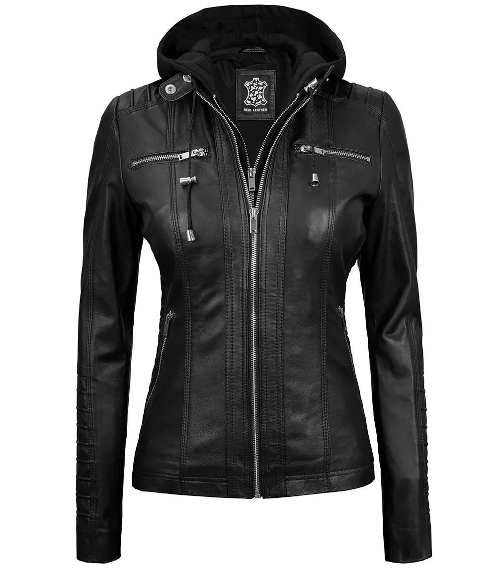 Women's Black Leather Jacket With Removable Hood - Vox Leather