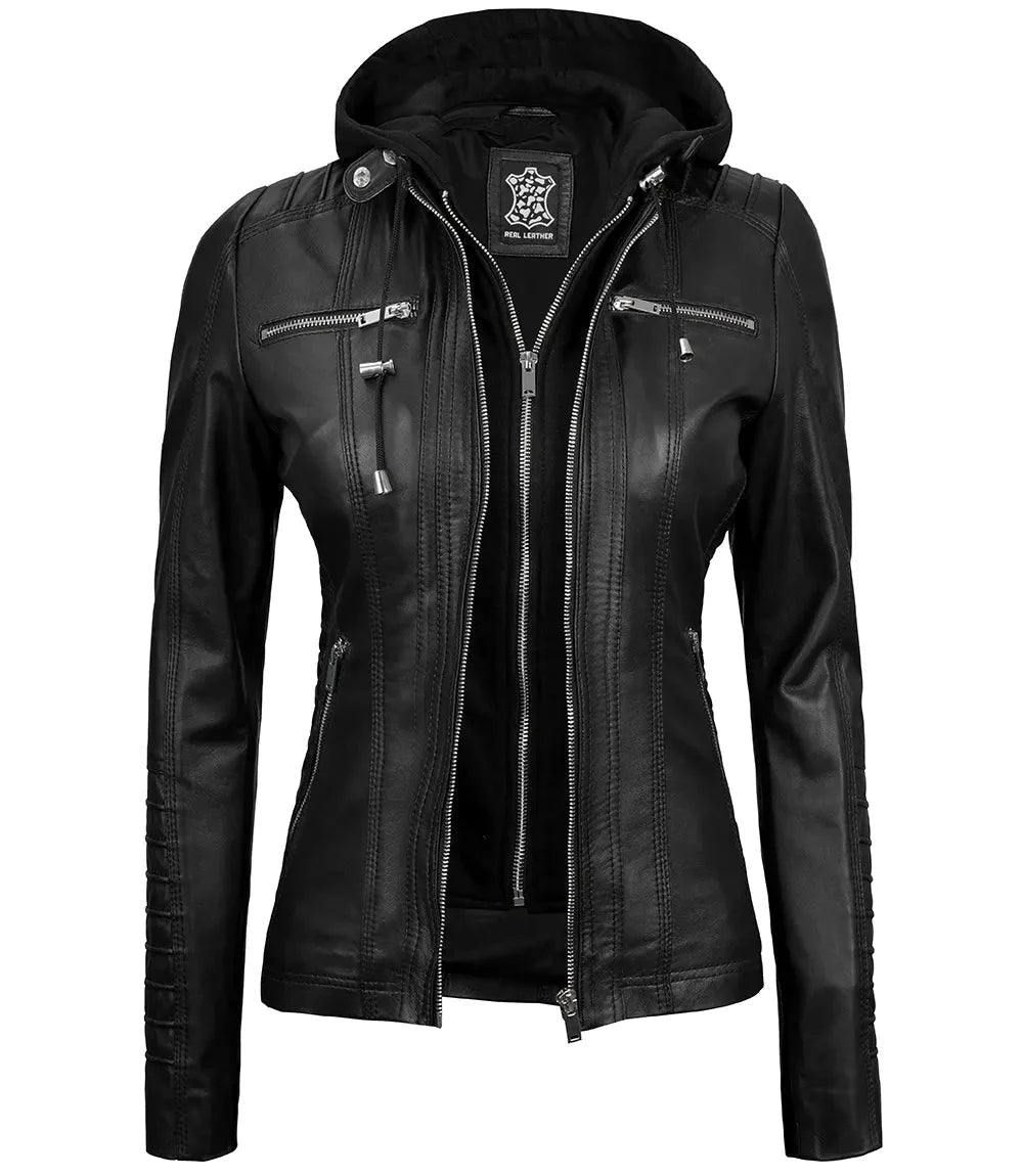 Women's Black Leather Jacket With Removable Hood - Vox Leather