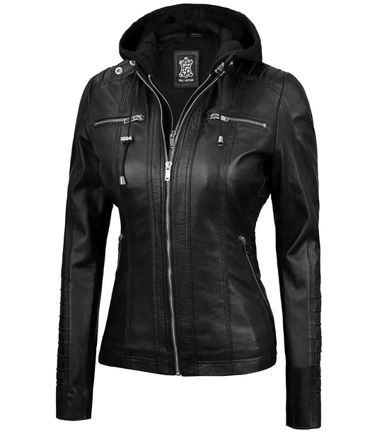 Women's Black Leather Jacket With Removable Hood - Vox Leather