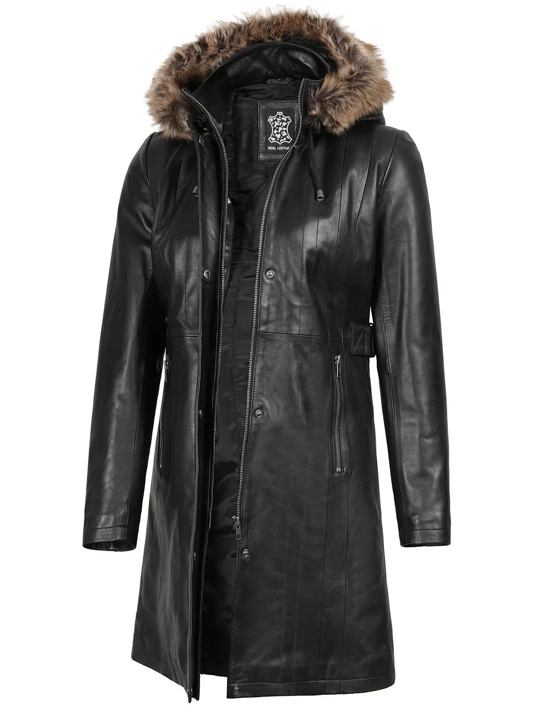 Women’s Black Real Lambskin Leather Hooded Shearling Coat - Rare Leather